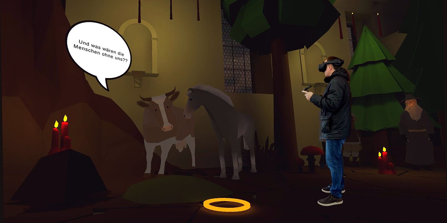 Ochs und Esel begrüssen die Besucherinnen und Besucher in der Virtual Reality-Weihnachtskrippe.