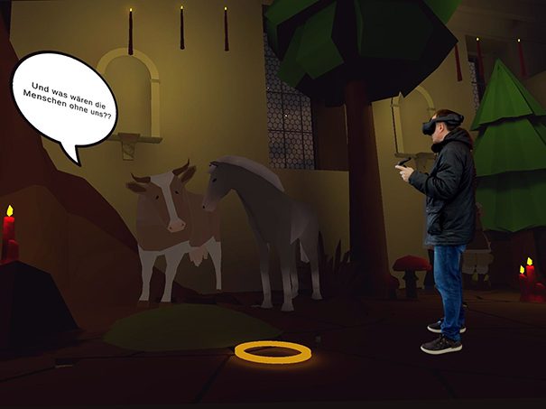 Ochs und Esel begrüssen Besucher in der VR-Weihnachtskrippe.