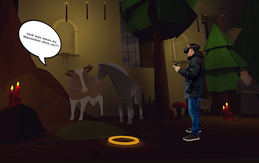 Ochs und Esel begrüssen Besucher in der VR-Weihnachtskrippe.