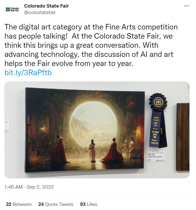 Die Messe «Colorado State Fair» verkündet die Auszeichnung des KI-Bilds «Théâtre D’opéra Spatial». Screenshot via Twitter