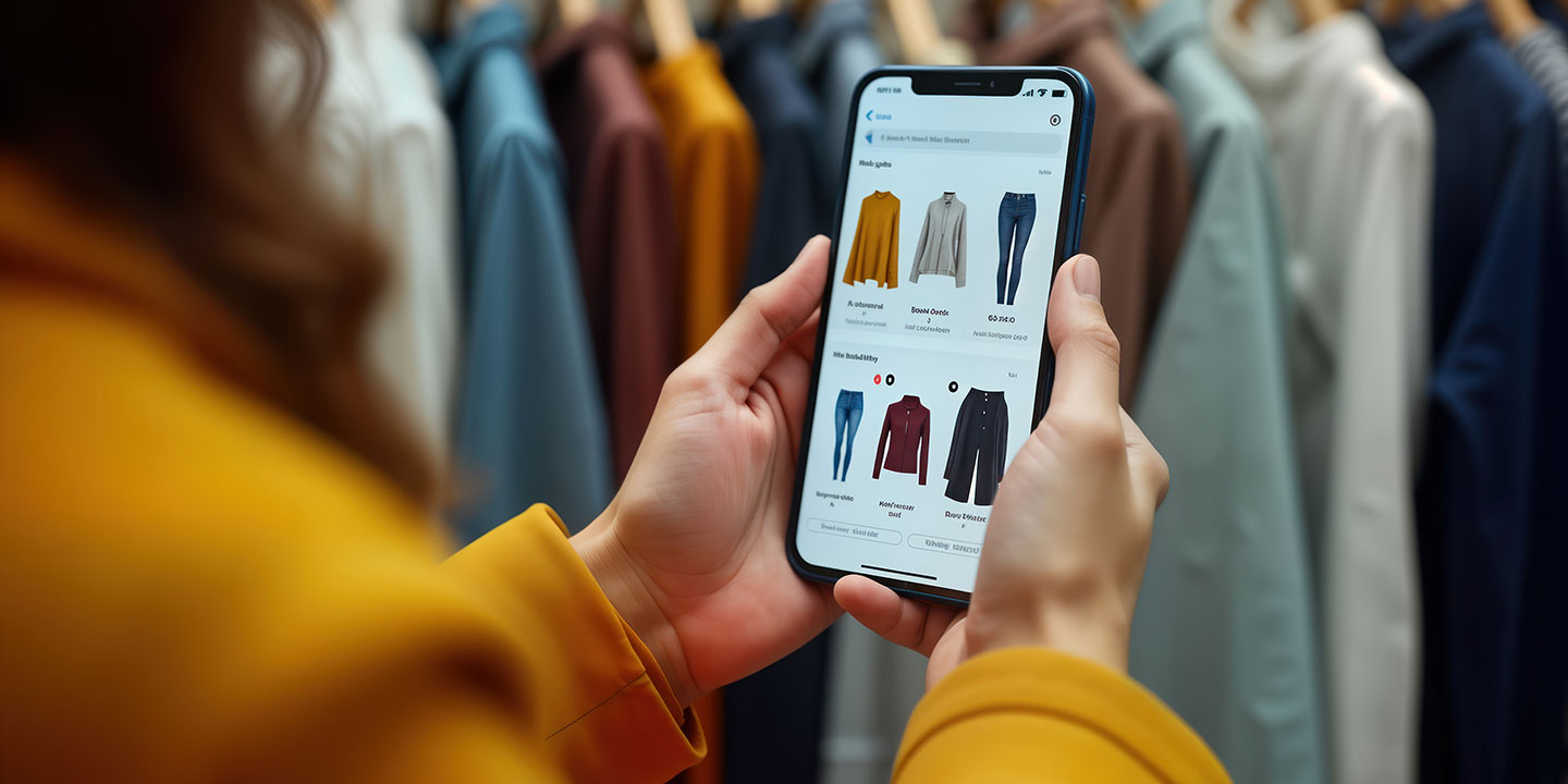 Eine Frau schaut sich auf dem Handy in einem Onlineshop Kleider an.