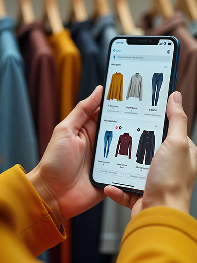 Eine Frau schaut sich auf dem Handy in einem Onlineshop Kleider an.