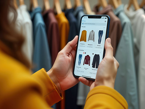 Eine Frau schaut sich auf dem Handy in einem Onlineshop Kleider an.