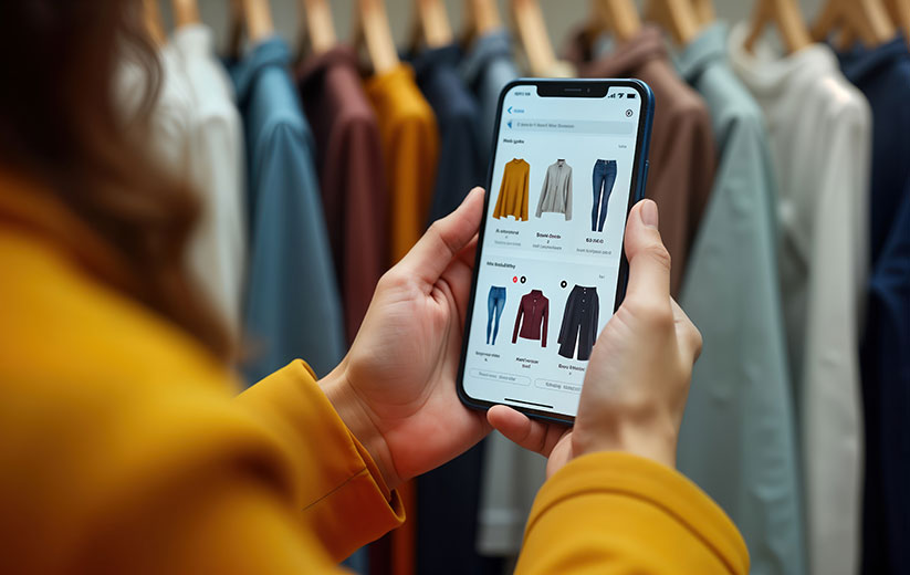 Eine Frau schaut sich auf dem Handy in einem Onlineshop Kleider an. Eine Frau schaut sich auf dem Handy in einem Onlineshop Kleider an.