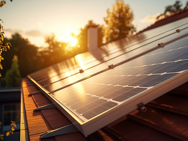 Dach mit Solaranlage und Sonne, die darauf scheint